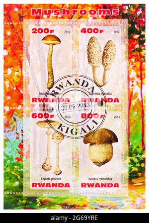 MOSCA, RUSSIA - 28 MARZO 2020: Francobollo stampato in Ruanda mostra Mushrooms serie, circa 2013 Foto Stock