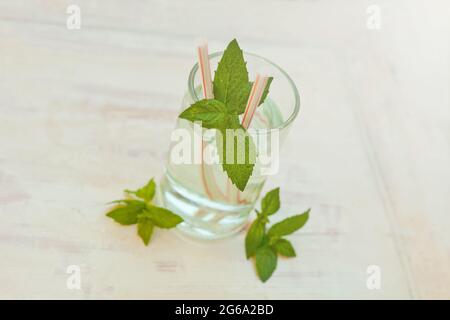 Estate sana limonata di menta fatta in casa infusa acqua bevanda, foglie di menta in vetro su sfondo grigio. Primo piano coctail mojito. Messa a fuoco selettiva. Copia Foto Stock