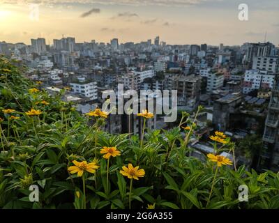 Dhaka, Bangladesh. 04 luglio 2021. Vista aerea della città di Dhaka dopo che le autorità del Bangladesh hanno ordinato un nuovo rigido blocco per contenere la diffusione del coronavirus (Covid-19) a Dhaka. Credit: SOPA Images Limited/Alamy Live News Foto Stock