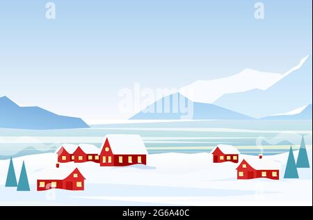 Illustrazione vettoriale del paesaggio invernale con case rosse sul mare ghiacciato, montagne di neve sullo sfondo. Paesaggio artico in cartoni animati piani Illustrazione Vettoriale