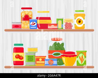 Illustrazione vettoriale dello scaffale in un negozio di alimentari con prodotti alimentari. Pasto conservato in un contenitore di metallo e vetro su scaffale con legno chiaro Illustrazione Vettoriale
