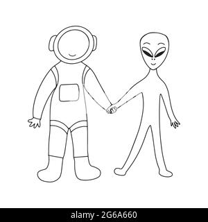 Astronauta e alieni stanno tenendo le mani e sorridendo. Amicizia di civiltà. Illustrazione vettoriale in bianco e nero in stile doodle isolato Illustrazione Vettoriale