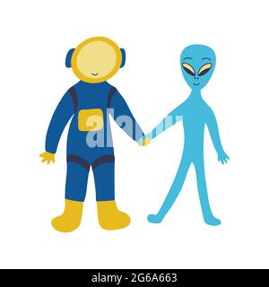 Astronauta e alieni stanno tenendo le mani e sorridendo. Amicizia di civiltà. Illustrazione vettoriale colorata disegnata a mano isolata Illustrazione Vettoriale