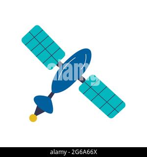 Satellite artificiale nello spazio. Ricerca e acquisizione del segnale. Illustrazione colorata del vettore isolato disegnata a mano Illustrazione Vettoriale