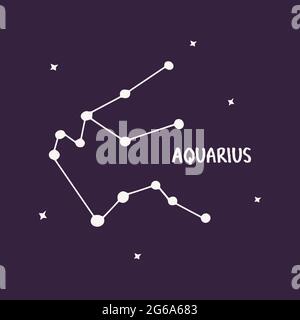 Costellazione di Acquario. Vettore colorato disegnata a mano illustrazione sfondo blu con stelle. Spazio dell'universo, astronomia, segno zodiacale Illustrazione Vettoriale