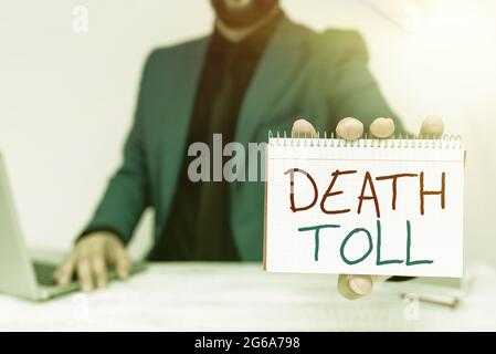 Testo che mostra l'ispirazione morte Toll. Foto concettuale il numero di decessi derivanti da un particolare avvocato che spiega le procedure di prova Foto Stock