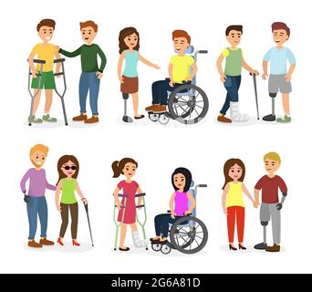 Illustrazione vettoriale insieme di persone disabili e amici che li aiutano, parlando, camminare e sorridere persone felici in stile piano cartoon. Illustrazione Vettoriale