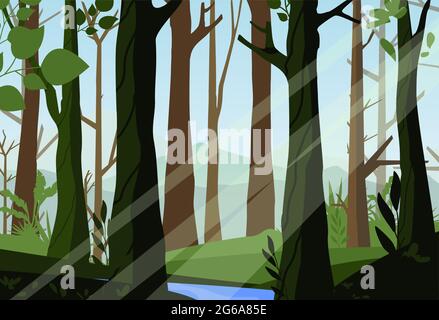 Illustrazione vettoriale del tramonto nei boschi, bella foresta, luce attraverso gli alberi nella foresta, ora del mattino, paesaggio naturale in stile piatto. Illustrazione Vettoriale