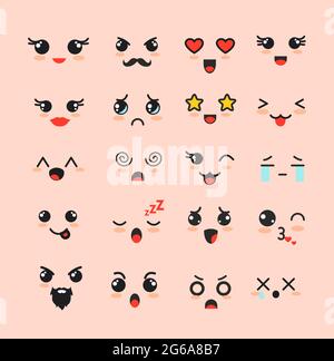 Illustrazione vettoriale insieme di volti carini, diverse emoticon Kawaii, emoji adorabili personaggi icone design su sfondo bianco. Illustrazione Vettoriale