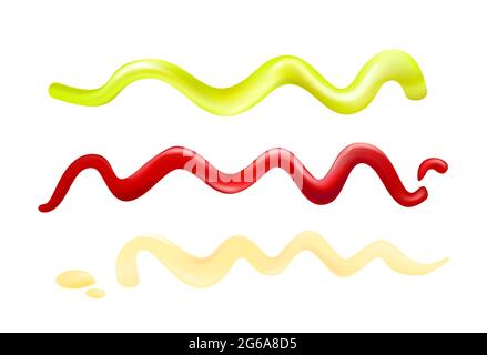 Illustrazione vettoriale di salse diverse realistiche per il cibo su sfondo bianco. Wasabi, maionese e ketchup. Illustrazione Vettoriale