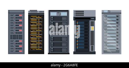 Set di illustrazioni vettoriali di vari rack server cartoon, diversi tipi di raccolta rack server di elementi in design piatto. Illustrazione Vettoriale