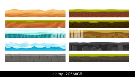 Illustrazione vettoriale insieme di terreni per gioco UI. Raccolta di varie aree di primo piano terra, rocce, acqua, ghiaccio e disegni sotterranei su bianco Illustrazione Vettoriale