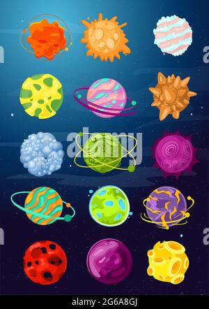 Illustrazione vettoriale insieme di fantastici pianeti cartoon, asteroidi, oggetti spazio in colori luminosi stile piatto. Illustrazione Vettoriale