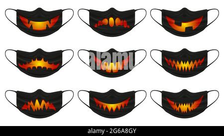 Maschera di zucca di Halloween. Maschere di protezione del viso con Halloween spoky zucca volti isolato vettore illustrazione set. Felice halloween spaventoso maschera facciale Illustrazione Vettoriale