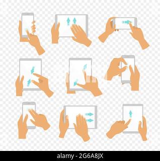 Illustrazione vettoriale insieme di icone a mano piatta che mostrano i gesti multitouch comunemente utilizzati per tablet touchscreen o smartphone, touchscreen con dita e. Illustrazione Vettoriale