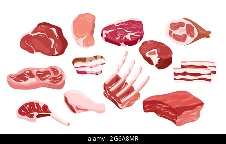 Illustrazione vettoriale Set di icone di carne fresca, pezzi di carne fresca gustosa, bistecca, costolette in stile piatto. Gastronomia, cucina, barbecue, cucina ristorante Illustrazione Vettoriale