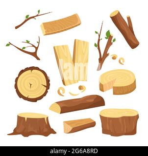 Illustrazione vettoriale Set di materiali per l'industria del legno, tronchi di alberi, tronchi di legno, legname tagliato legna da ardere tavole di legno, moncone, ramoscelli e tronchi in cartone animato Illustrazione Vettoriale
