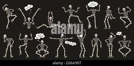 Scheletri di Halloween. Scheletri danzanti, mascotte di scheletro di festa halloween spooky isolato insieme di illustrazione vettoriale. Simpatici scheletri Illustrazione Vettoriale