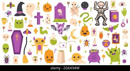 Elementi Halloween. Set di simboli vettoriali isolati di zucca di Halloween, lapide, fantasmi e pipistrelli disegnati a mano. Icone di decorazione di Halloween spooky Illustrazione Vettoriale