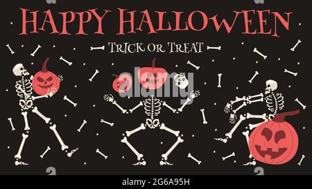 Poster Happy Halloween party. Scheletro di Halloween spooky con zucche festivo banner vettoriale illustrazione di sfondo. Halloween Skeletons partito Illustrazione Vettoriale