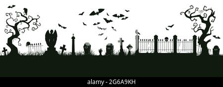 Paesaggio da incubo di Halloween. Cartoon spettrale Halloween cimitero paesaggio vettore di sfondo illustrazione. Silhouette con vista sul cimitero di Halloween Illustrazione Vettoriale