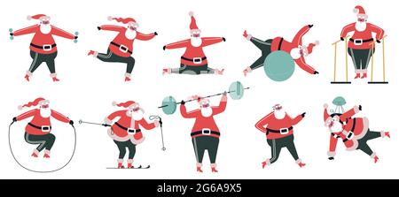 Esercizio di Babbo Natale. Carattere cute sportivo di Santa, simbolo di festa invernale facendo esercizi di fitness insieme di illustrazione vettoriale. Babbo Natale sport Illustrazione Vettoriale