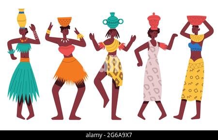 Donne africane aborigene danzanti. Personaggi africani che ballano danza tribale isolato cartoon vettore illustrazione. Donne tribali nere africane Illustrazione Vettoriale