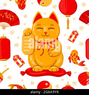 Banner neko giapponese maneki. Buona fortuna giappone tradizionale gatto, carino kawaii fortunato maneki neko cartoon illustrazione vettoriale. Carino poster neko maneki Illustrazione Vettoriale
