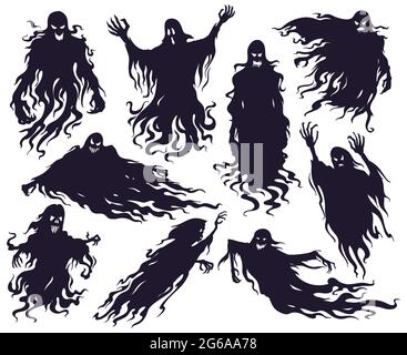 Halloween male spirito silhouette. Spaventosi personaggi fantasma da incubo, demoni fantasma spooky mascotte set di illustrazioni vettoriali. Silhouette fantasma cartoon Illustrazione Vettoriale