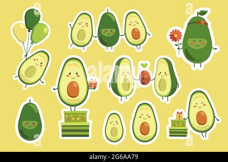 Set di adesivi di simpatici avocado sorridenti. Adesivi vettoriali isolati Kawaii. Pacchetto adesivo avocado. Festa di compleanno festeggiamenti estivi Illustrazione Vettoriale