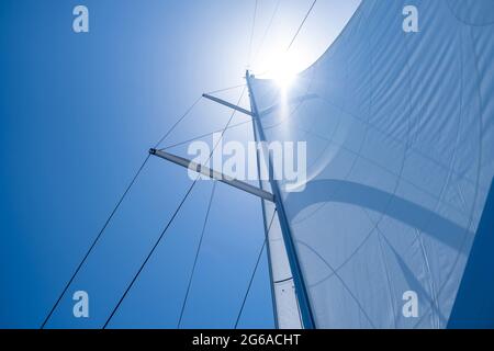 Vela con il vento a mare aperto, concetto di vacanze estive. Vele riempite di vento da yacht su sfondo blu chiaro del cielo. Guardando verso il cielo, sole cenere Foto Stock