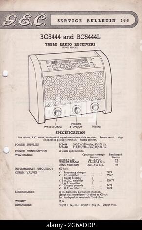 Specifiche dei ricevitori radio da tavolo G.E.C Service Bulletin 166 BC5444 e BC5444L. Foto Stock