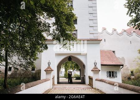 Silhouette di sposa e sposo insieme Foto Stock