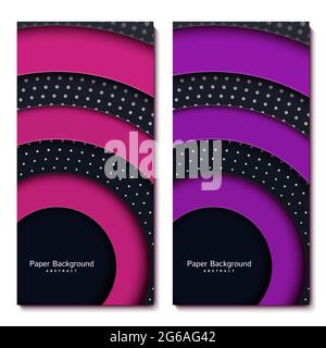 Due volantini vettoriali con papercut nero, rosa e viola parte di forma circolare e sfondo a punti argentati. Brochure con carta rotonda grigio scuro e. Illustrazione Vettoriale