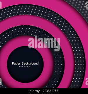 Papercut astratto parte nera e rosa della forma circolare e sfondo a punti argentati. Sfondo a strati con carta rotonda grigio scuro e ombra. Quadrato Illustrazione Vettoriale