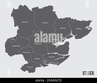 La mappa della contea di Essex divisa in distretti con etichette, Inghilterra Illustrazione Vettoriale