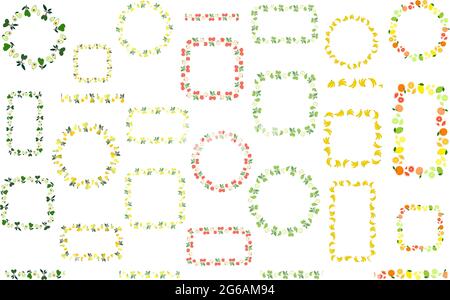 Set di cornici vettoriali decorative isolate e bordi. Avocado pera mela banana agrumi. Spazzola senza fine, bordo floreale senza cuciture. Schema di linea Illustrazione Vettoriale