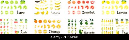 Pacchetto di clipart di frutta. Limone lime arancio pompelmo pera avocado mela banana. Frutta intera e tagliata, metà e fette. Vettore moderno positivo Illustrazione Vettoriale