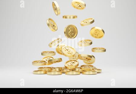 Monete d'oro con il simbolo del dollaro che cade o che vola isolato su sfondo bianco. Concetto di jackpot o poke del casinò. rendering 3d. Foto Stock