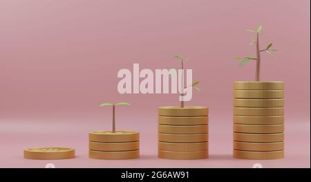 Rendering 3D. Monete stack grafico di crescita con alberi su sfondo rosa. Concetto di investimento aziendale e risparmio di denaro. Foto Stock