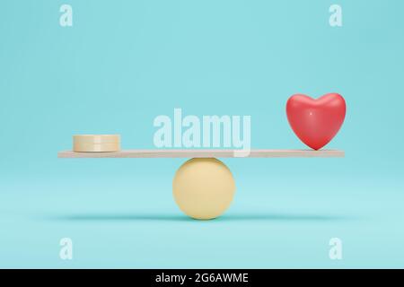 Concetto di bilancia cuore e denaro. Importanza tra la moneta d'oro e l'equilibrio d'amore su scala. Rendering 3D. Foto Stock