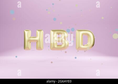 Buon biglietto d'auguri per il compleanno. Palloncini d'oro scintillanti su sfondo rosa. Immagine di rendering 3D. Foto Stock