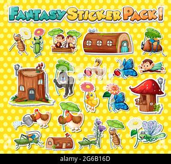 Set di adesivi con diversi cartoni animati fantasy illustrazione caratteri Illustrazione Vettoriale