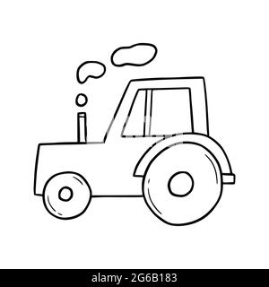 Trattore agricolo trainato a mano. Stile di schizzo Doodle. Icona trattore semplice con linea di disegno. Illustrazione vettoriale isolata. .. Illustrazione Vettoriale