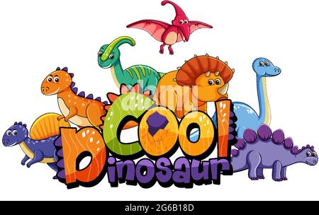 Simpatico personaggio dei cartoni animati dinosauri con un'illustrazione dei font dei dinosauri Illustrazione Vettoriale