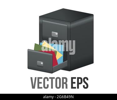 Vector Classic Office grigio scuro in metallo, file cabinet con cassetti, maniglie e supporti per etichette, utilizzato per organizzare e conservare Illustrazione Vettoriale
