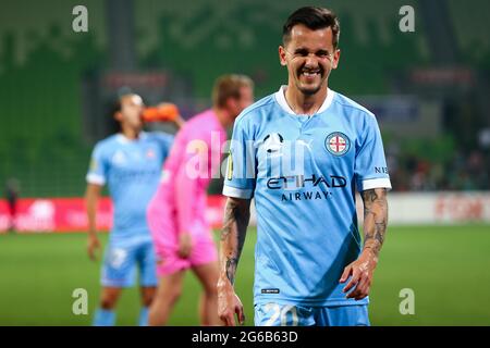 MELBOURNE, AUSTRALIA - 1 APRILE: Adrian Luna di Melbourne City durante la partita di calcio Hyundai A-League tra il Western United FC e il Melbourne City FC il 1° aprile 2021 all'AAMI Park di Melbourne, Australia. (Foto di Dave Hewison) Foto Stock