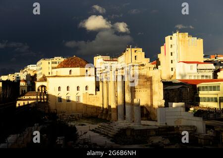 Biblioteca Adriana parco archeologico ad Atene, Grecia. Foto Stock