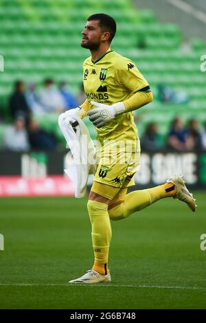 MELBOURNE, AUSTRALIA - MARZO 14: Ryan Scott of Western United durante la partita di calcio Hyundai A-League tra il Western United FC e il Brisbane Roar FC il 14 Marzo 2021 all'AAMI Park di Melbourne, Australia. (Foto di Dave Hewison) Foto Stock