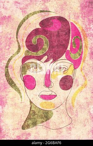 Linea contemporanea art stile ritratto femminile con colorate forme astratte grunge illustrazione. Foto Stock